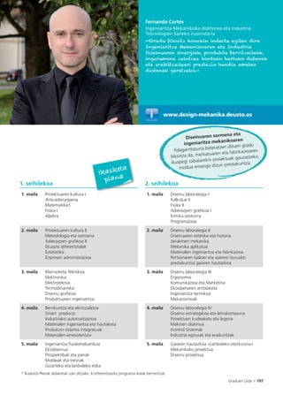 Graduen Gida I 197
Fernando Cortés
Ingeniaritza Mekanikoko doktorea eta Industria
Teknologien Saileko zuzendaria
«Gradu bikoitz honekin indartu egiten dira
Ingeniaritza Mekanikoaren eta Industria
Diseinuaren sinergiak, produktu berritzaileak,
ingurumena zaintzea kontuan hartuko dutenak
eta erabiltzaileari prestazio handia ematen
diotenak garatzeko.»
www.design-mekanika.deusto.es
1. seihilekoa 2. seihilekoa
1. maila Proiektuaren kultura I
Arte-adierazpena
Matematika I
Fisika I
Aljebra
1. maila Diseinu laborategia I
Kalkulua II
Fisika II
Adierazpen graﬁkoa I
Kimika orokorra
Programazioa
2. maila Proiektuaren kultura II
Metodologia eta sormena
Adierazpen graﬁkoa II
Ekuazio diferentzialak
Estatistika
Enpresen administrazioa
2. maila Diseinu laborategia II
Diseinuaren estetika eta historia
Jariakinen mekanika
Mekanika aplikatua
Materialen ingeniaritza eta fabrikazioa
Pertsonaren balioei eta aukerei buruzko
prestakuntza gaiaren hautazkoa
3. maila Marrazketa Teknikoa
Elektronika
Elektroteknia
Termodinamika
Diseinu graﬁkoa
Produktuaren ingeniaritza
3. maila Diseinu laborategia III
Ergonomia
Komunikazioa eta Marketina
Ekoizpenaren antolaketa
Ingeniaritza termikoa
Mekanismoak
4. maila Berrikuntza eta ekintzailetza
Smart products
Industriako automatizazioa
Materialen ingeniaritza eta hautaketa
Produkzio sistema integratuak
Materialen erresistentzia
4. maila Diseinu laborategia IV
Diseinu estrategikoa eta lehiakortasuna
Proiektuen kudeaketa eta legeria
Makinen diseinua
Kontrol Sistemak
Industria egiturak eta eraikuntzak
5. maila Ingeniaritza ﬂuidomekanikoa
Ekodiseinua
Prospektibak eta joerak
Moldeak eta tresnak
Gizarteko eta lanbideko etika
5. maila Gaiaren hautazkoa «Lanbideko etorkizuna»
Mekanikako proiektua
Diseinu proiektua
* Ikasketa Planak aldaketak izan ditzake. Erreferentziazko programa ikasle berrientzat.
Ikasketa
plana
Diseinuaren sormena eta
ingeniaritza mekanikoaren
fidagarritasuna bateratzen dituen gradu
bikoitza da, merkatuaren eta fabrikazioaren
ikuspegi zabalarekin proiektuak gauzatzeko
modua emango dizun prestakuntza.
 
