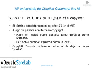 10º aniversario de Creative Commons #cc10

●   COPYLEFT VS COPYRIGHT: ¿Qué es el copyleft?

    ●   El término copyleft na...