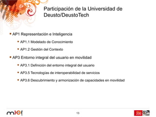Participación de la Universidad de
                   Deusto/DeustoTech


AP1 Representación e Inteligencia
    AP1.1 Modelado de Conocimiento

    AP1.2 Gestión del Contexto

AP3 Entorno integral del usuario en movilidad
    AP3.1 Definición del entorno integral del usuario

    AP3.5 Tecnologías de interoperabilidad de servicios

    AP3.6 Descubrimiento y armonización de capacidades en movilidad




                                         13
 