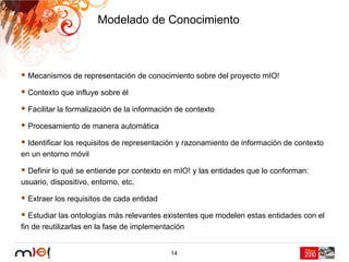 Modelado de Conocimiento



  Mecanismos de representación de conocimiento sobre del proyecto mIO!

  Contexto que influye sobre él

  Facilitar la formalización de la información de contexto

  Procesamiento de manera automática

  Identificar los requisitos de representación y razonamiento de información de contexto
en un entorno móvil

  Definir lo qué se entiende por contexto en mIO! y las entidades que lo conforman:
usuario, dispositivo, entorno, etc.

  Extraer los requisitos de cada entidad

   Estudiar las ontologías más relevantes existentes que modelen estas entidades con el
fin de reutilizarlas en la fase de implementación


                                            14
 