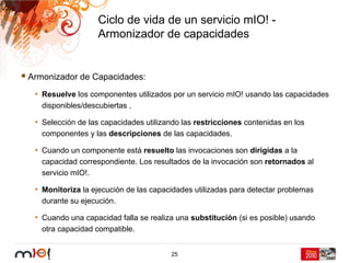 Ciclo de vida de un servicio mIO! -
                   Armonizador de capacidades


Armonizador de Capacidades:
 • Resuelve los componentes utilizados por un servicio mIO! usando las capacidades
   disponibles/descubiertas .

 • Selección de las capacidades utilizando las restricciones contenidas en los
   componentes y las descripciones de las capacidades.

 • Cuando un componente está resuelto las invocaciones son dirigidas a la
   capacidad correspondiente. Los resultados de la invocación son retornados al
   servicio mIO!.

 • Monitoriza la ejecución de las capacidades utilizadas para detectar problemas
   durante su ejecución.

 • Cuando una capacidad falla se realiza una substitución (si es posible) usando
   otra capacidad compatible.


                                       25
 