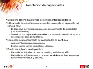 Resolución de capacidades



Existe una taxonomía definida de componentes/capacidades
Utilizando la descripción de componentes contenida en la plantilla del
servicio mIO!
  • El dispositivo móvil inicia un proceso de descubrimiento de capacidades
   (cercanas/remotas).
 • Selecciona una capacidad compatible con las restricciones incluidas en la
   descripción de cada componente.
El proceso de monitorización de capacidades es continuo
  • Aparecen/desaparecen capacidades
  • Existen errores con las capacidades utilizadas
Puede ser aplicado en dispositivos
  • Capacidades limitadas: proceso de matching sintáctico en XML
  • Capacidades suficientes para un proceso semántico: se lleva a cabo una
   transformación de RDF y SPARQL



                                       26
 