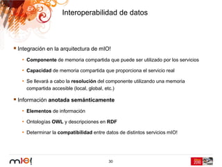 Interoperabilidad de datos



Integración en la arquitectura de mIO!
 • Componente de memoria compartida que puede ser utilizado por los servicios
 • Capacidad de memoria compartida que proporciona el servicio real
 • Se llevará a cabo la resolución del componente utilizando una memoria
   compartida accesible (local, global, etc.)

Información anotada semánticamente
 • Elementos de información
 • Ontologías OWL y descripciones en RDF
 • Determinar la compatibilidad entre datos de distintos servicios mIO!




                                          30
 