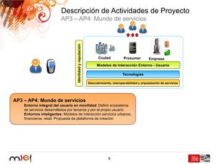 Descripción de Actividades de Proyecto
                          AP3 – AP4: Mundo de servicios




                                   Identidad y reputación
                                                                  Ciudad            Prosumer         Empresa
                                                                 Modelos de Interacción Entorno - Usuario

                                                                                   Tecnologías

                                                            Descubrimiento, interoperabilidad y orquestación de servicios




AP3 – AP4: Mundo de servicios
    Entorno integral del usuario en movilidad: Definir ecosistema
    de servicios desarrollados por terceros y por el propio usuario
    Entornos inteligentes: Modelos de interacción servicios urbanos,
    financieros, retail. Propuesta de plataforma de creación




                                                                         9
 