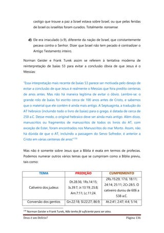 Deus é um Delírio? Página 136
castigo que trouxe a paz a Israel estava sobre Israel, ou que pelas feridas
de Israel os israelitas foram curados. Totalmente nonsense.
d) Ele era imaculado (v.9), diferente da nação de Israel, que constantemente
pecava contra o Senhor. Dizer que Israel não tem pecado é contradizer o
Antigo Testamento inteiro.
Norman Geisler e Frank Turek assim se referem à tentativa moderna de
reinterpretação de Isaías 53 para evitar a conclusão óbvia de que Jesus é o
Messias:
“Essa interpretação mais recente de Isaías 53 parece ser motivada pelo desejo de
evitar a conclusão de que Jesus é realmente o Messias que fora predito centenas
de anos antes. Mas não há maneira legítima de evitar o óbvio. Lembre-se: o
grande rolo de Isaías foi escrito cerca de 100 anos antes de Cristo, e sabemos
que o material que ele contém é ainda mais antigo. A Septuaginta, a tradução do
AT hebraico (incluindo todo o livro de Isaías) para o grego, é datada de cerca de
250 a.C. Desse modo, o original hebraico deve ser ainda mais antigo. Além disso,
manuscritos ou fragmentos de manuscritos de todos os livros do AT, com
exceção de Ester, foram encontrados nos Manuscritos do mar Morto. Assim, não
há dúvida de que o AT, incluindo a passagem do Servo Sofredor, é anterior a
Cristo em várias centenas de anos”170
Mas não é somente sobre Jesus que a Bíblia é exata em termos de profecias.
Podemos numerar outros vários temas que se cumpriram como a Bíblia previu,
tais como:
TEMA PREDIÇÃO CUMPRIMENTO
Cativeiro dos judeus
Dt.28:36; 1Rs.14:15;
Is.39:7; Jr.13:19; 25:8;
Am.7:11; Lc.11:24.
2Rs.15:29; 17:6; 18:11;
24:14; 25:11; 2Cr.28:5. O
cativeiro durou de 606 a
538 a.C.
Conversão dos gentios Gn.22:18; Sl.22:27; 86:9; At.2:41; 2:47; 4:4; 5:14;
170
Norman Geisler e Frank Turek, Não tenho fé suficiente para ser ateu.
 