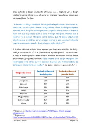 Deus é um Delírio? Página 228
onde defende o design inteligente, afirmando que é legítimo ver o design
inteligente como ciência e que ele deve ser ensinado nas aulas de ciência das
escolas públicas. Ele disse:
"A doutrina do design inteligente foi marginalizada pelos ateus, mas mesmo eu
sendo ateu, sou da opinião de que os argumentos a favor do design inteligente
são mais fortes do que a maioria percebe. O objetivo do meu livro é o de tentar
fazer com que as pessoas levem a sério o design inteligente. Defendo que é
legítimo ver o design inteligente como ciência, que há alguns argumentos
plausíveis para a existência de um criador cósmico e que o design inteligente
deveria ser ensinado nas aulas de ciência das escolas públicas”270
E Bradley não está sozinho entre aqueles que defendem o ensino do design
inteligente nas escolas públicas (mesmo entre aqueles que não concordam com
a tese). A mesma pesquisa feita entre os médicos dos Estados Unidos, citada
anteriormente, perguntou também: “Você acredita que o design inteligente tem
legitimidade como ciência ou você acha que é apenas uma forma encoberta de
conseguir o criacionismo nas escolas?”. E o que os médicos responderam foi271:
Religião ou crença
Design Inteligente é
ciência legítima
Design Inteligente é
pseudociência
Judeus 18% 82%
Evangélicos 63% 37%
Católicos 49% 51%
Ortodoxos 54% 46%
Hindus 48% 52%
Budistas 46% 54%
Muçulmanos 60% 40%
Outra religião 46% 54%
Ateus 2% 98%
270
Disponível em: http://www.criacionismo.com.br/2008/07/ateu-defende-o-design-
inteligente.html
271
Disponível em:
http://web.archive.org/web/20080828103126/http://www.hcdi.net/polls/J5776/Slide5.htm
 