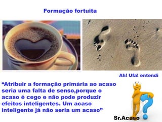 Formação fortuita
“Atribuir a formação primária ao acaso
seria uma falta de senso,porque o
acaso é cego e não pode produzir
efeitos inteligentes. Um acaso
inteligente já não seria um acaso”
Ah! Ufa! entendi
Sr.Acaso
 