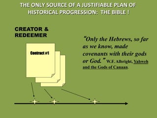 THE ONLY SOURCE OF A JUSTIFIABLE PLAN OF 
   HISTORICAL PROGRESSION:  THE BIBLE !
                                       

CREATOR &
REDEEMER
                       Only the Hebrews, so far
                      as we know, made
    Contract #1       covenants with their gods
                      or God. W.F. Albright, Yahweh
                      and the Gods of Canaan.
 