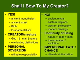 Shall I Bow To My Creator?Shall I Bow To My Creator?
• YES!
– ancient monotheism
– ancient Israel
– Bible
– Fundamentalism
• CREATOR/creature
– God || man | nature
– everlasting distinctions
• PERSONAL
SOVEREIGN
– ultimate responsibility
• NO!
– ancient myths
– eastern religions
– western philosophy
– modern theology
• Continuity of Being
– nature > gods > man
– transmutation /
evolution
• IMPERSONAL FATE /
CHANCE
– ultimate victimization
 