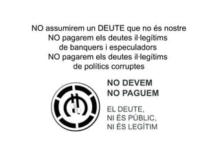 NO assumirem un DEUTE que no és nostre
NO pagarem els deutes il·legítims
de banquers i especuladors
NO pagarem els deutes il·legítims
de polítics corruptes

NO DEVEM
NO PAGUEM
EL DEUTE,
NI ÉS PÚBLIC,
NI ÉS LEGÍTIM

 