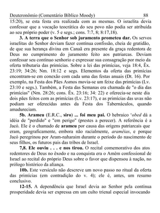 Deuteronômio (Comentário Bíblico Moody) 88 
15:20), se esta festa era realizada com as mesmas. O israelita devia 
confessar que a vocação teocrática do seu povo não podia ser atribuída 
ao seu próprio poder (v. 5 e segs.; cons. 7:7, 8; 8:17,18). 
3. A terra que o Senhor sob juramento prometeu dar. Os servos 
israelitas do Senhor deviam fazer contínua confissão, cheia de gratidão, 
de que sua herança divina em Canaã era presente da graça redentora de 
Deus no cumprimento do juramento feito aos patriarcas. Deviam 
confessar seu contínuo senhorio e expressar sua consagração por meio da 
oferta tributaria das primícias. Sobre a lei das primícias, veja 18:4, Êx. 
23:19; 34:26; Nm. 18:12 e segs. Elementos da oferta das primícias 
encontram-se em conexão com cada uma das festas anuais (Dt. 16). Por 
exemplo, na Festa dos Pães Asmos movia-se um feixe das primícias (Lv. 
23:10 e segs.). Também, a Festa das Semanas era chamada de "o dia das 
primícias" (Nm. 28:26; cons. Êx. 23:16; 34: 22) e oferecia-se neste dia 
dois pães feitos com as primícias (Lv. 23:17), e as primícias das uvas não 
podiam ser oferecidas antes da Festa dos Tabernáculos, quando 
amadureciam. 
5b. Arameu (E.R.C., siro) ... foi meu pai. O hebraico ‘obed dá a 
idéia de "perdido" e "em perigo" (prestes a perecer). A referência é a 
Jacó. Ele é o chamado de arameu por causa das origens patriarcais que 
eram, geograficamente, embora não racialmente, araméias, e porque 
Jacó peregrinou por Aram-naharaim durante o período do nascimento de 
seus filhos, os futuros pais das tribos de Israel. 
7,8. Ele ouviu . . . e nos tirou. O recital comemorativo dos atos 
redentores de Deus no êxodo e na conquista era o Amém confessional de 
Israel ao recital do próprio Deus sobre o favor que dispensou à nação, no 
prólogo histórico da aliança. 
10b. Este versículo não descreve um novo passo no ritual da oferta 
das primícias (em contradição do v. 4); ele é, antes, um resumo 
conclusivo. 
12-15. A dependência que Israel devia ao Senhor pela contínua 
prosperidade devia ser expressa em um culto trienal especial invocando 
 