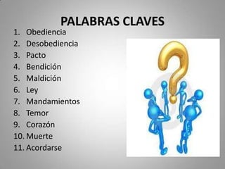 PALABRAS CLAVES
1. Obediencia
2. Desobediencia
3. Pacto
4. Bendición
5. Maldición
6. Ley
7. Mandamientos
8. Temor
9. Corazón
10. Muerte
11. Acordarse
 