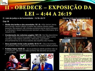 C – Leis de justiça e de humanidade - 16:18—26:19
Cap 18
• Direito dos levitas e dos sacerdotes 18:1-8 – Não teriam terras
em Canaã; teriam direito a parte das ofertas dadas pelas
pessoas; Receberam 48 cidades posteriormente para morarem
e cultivarem; Maior herança era servirem a Deus (Números 35 e
Josué 21:41)
• Condenação de costumes pagãos 18:9-14– Ver Deuteronômio
13; não imitar costumes pagãos; não oferecerem filho como
sacrifício; não tolerar advinhos, feiticeiros, que fazem
encantamentos e os invocadores dos espíritos dos mortos,
• Deus promete enviar outro profeta 18:15-19 – Deus levantaria
um profeta; Deus colocaria as palavras na boca deste profeta;
• Profetas Falsos 18:20-22 - Se as profecias deste profeta não se
cumprissem, ele era um falso profeta; Ele deveria ser punido
com a morte;
Direito dos levitas e dos sacerdotes (18:1-8)
Feiticeiros e Advinhadores (18:9-14)
 