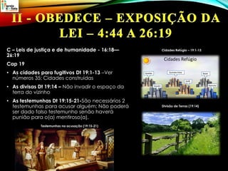 C – Leis de justiça e de humanidade - 16:18—
26:19
Cap 19
• As cidades para fugitivos Dt 19:1-13 –Ver
números 35; Cidades construídas
• As divisas Dt 19:14 – Não invadir o espaço da
terra do vizinho
• As testemunhas Dt 19:15-21-São necessários 2
testemunhas para acusar alguém; Não poderá
ser dado falso testemunho senão haverá
punião para o(a) mentiroso(a).
Cidades Refúgio – 19:1-13
Divisão de Terras (19:14)
Testemunhas na acusação (19:15-21)
 