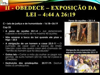 C – Leis de justiça e de humanidade - 16:18—26:19
Cap 25
• A pena de açoites 25:1-4 – Juiz determinará
culpado e dará pena de no máximo 40 açoites;
• Não amarrar a boca do boi quando ele pisar o
trigo – 25:5
• A obrigação de um homem a casar 25:5-11 – O
cunhado de casar com a esposa do irmão
falecido; caso não queira casar será chamado de
“família do homem que foi descalçado”
• Outras leis – Cortar a mão da mulher se pegar nos
genitais de outro homem (25:12); não ter 2 pesos e
2 medidas;
• Destruição dos amalequitas 25:17-19- Destruir
todos os amalequitas;
Pena de açoites – 25:1-4
Obrigação do casamento com
esposa do irmão falecido 25:5-19
 
