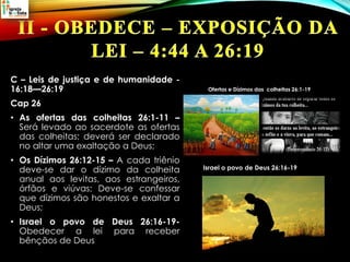 C – Leis de justiça e de humanidade -
16:18—26:19
Cap 26
• As ofertas das colheitas 26:1-11 –
Será levado ao sacerdote as ofertas
das colheitas; deverá ser declarado
no altar uma exaltação a Deus;
• Os Dízimos 26:12-15 – A cada triênio
deve-se dar o dízimo da colheita
anual aos levitas, aos estrangeiros,
órfãos e viúvas; Deve-se confessar
que dízimos são honestos e exaltar a
Deus;
• Israel o povo de Deus 26:16-19-
Obedecer a lei para receber
bênçãos de Deus
Ofertas e Dízimos das colheitas 26:1-19
Israel o povo de Deus 26:16-19
 