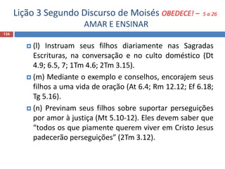 Lição 3 Segundo Discurso de Moisés OBEDECE! – 5 a 26
AMAR E ENSINAR
134
 (l) Instruam seus filhos diariamente nas Sagradas
Escrituras, na conversação e no culto doméstico (Dt
4.9; 6.5, 7; 1Tm 4.6; 2Tm 3.15).
 (m) Mediante o exemplo e conselhos, encorajem seus
filhos a uma vida de oração (At 6.4; Rm 12.12; Ef 6.18;
Tg 5.16).
 (n) Previnam seus filhos sobre suportar perseguições
por amor à justiça (Mt 5.10-12). Eles devem saber que
“todos os que piamente querem viver em Cristo Jesus
padecerão perseguições” (2Tm 3.12).
 