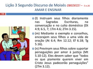 Lição 3 Segundo Discurso de Moisés OBEDECE! – 5 a 26
AMAR E ENSINAR
130
 (l) Instruam seus filhos diariamente
nas Sagradas Escrituras, na
conversação e no culto doméstico (Dt
4.9; 6.5, 7; 1Tm 4.6; 2Tm 3.15).
 (m) Mediante o exemplo e conselhos,
encorajem seus filhos a uma vida de
oração (At 6.4; Rm 12.12; Ef 6.18; Tg
5.16).
 (n) Previnam seus filhos sobre suportar
perseguições por amor à justiça (Mt
5.10-12). Eles devem saber que “todos
os que piamente querem viver em
Cristo Jesus padecerão perseguições”
(2Tm 3.12).
 