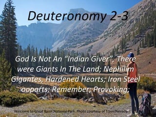 Deuteronomy 2-3
God Is Not An “Indian Giver”, There
were Giants In The Land; Nephilim
Gigantes, Hardened Hearts; Iron Steel
ooparts; Remember; Provoking;
Welcome to Great Basin National Park. Photo courtesy of TravelNevada
 