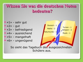 Wissen Sie was die deutschen Noten
             bedeuten?

 «1»   -   sehr gut
 «2»   -   gut               Deutsch - 1
                                            Turnen - 1
                              Mathe - 2
 «3»   -   befriedigend                    Religion - 2
                           Naturkunde - 1
 «4»   -   ausreichend                     Musik - 1

 «5»   -   mangelhaft
 «6»   -   ungenūgend

    So sieht das Tagebuch des ausgezeichneten
                   Schūlers aus.
 