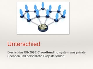 Dies ist das EINZIGE Crowdfunding system was private
Spenden und persönliche Projekte fördert.
Unterschied
 