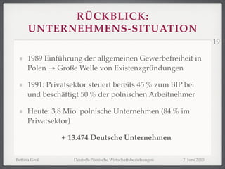 RÜCKBLICK:
      UNTERNEHMENS-SITUATION
                                                                             19

     1989 Einführung der allgemeinen Gewerbefreiheit in
     Polen → Große Welle von Existenzgründungen

     1991: Privatsektor steuert bereits 45 % zum BIP bei
     und beschäftigt 50 % der polnischen Arbeitnehmer

     Heute: 3,8 Mio. polnische Unternehmen (84 % im
     Privatsektor)

               + 13.474 Deutsche Unternehmen

Bettina Groß       Deutsch-Polnische Wirtschaftsbeziehungen   2. Juni 2010
 