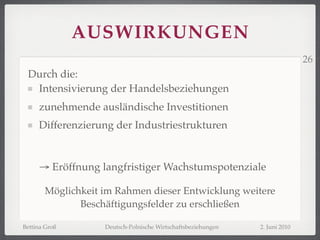 AUSWIRKUNGEN
                                                                             26
 Durch die:
  Intensivierung der Handelsbeziehungen
     zunehmende ausländische Investitionen
     Differenzierung der Industriestrukturen


     → Eröffnung langfristiger Wachstumspotenziale

       Möglichkeit im Rahmen dieser Entwicklung weitere
              Beschäftigungsfelder zu erschließen

Bettina Groß       Deutsch-Polnische Wirtschaftsbeziehungen   2. Juni 2010
 