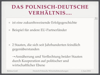 DAS POLNISCH-DEUTSCHE
          VERHÄLTNIS....
                                                                             31
     ist eine zukunftsweisende Erfolgsgeschichte

     Beispiel für andere EU-Partnerländer



     2 Staaten, die sich seit Jahrhunderten feindlich
     gegenüberstanden

     →Annäherung und Verﬂechtung beider Staaten
     durch Kooperation auf politischer und
     wirtschaftlicher Ebene
Bettina Groß       Deutsch-Polnische Wirtschaftsbeziehungen   2. Juni 2010
 