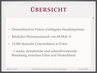 ÜBERSICHT
                                                                            4


     Deutschland ist Polens wichtigster Handelspartner

     Jährlicher Warenaustausch von 60 Mrd. €

     13.000 deutsche Unternehmen in Polen

     → starke, dynamische und zukunftsweisende
     Beziehung zwischen Polen und Deutschland



Bettina Groß      Deutsch-Polnische Wirtschaftsbeziehungen   2. Juni 2010
 