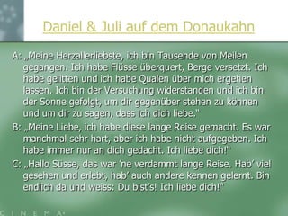 Juli und Daniels erstesTreffenRichtig oder falsch? Kreuzen Sie an!Die Szene spielt auf einem Strassenmarkt.Die Szene spielt in einer Boutique.Daniel trifft seine Freundin Juli.Daniel und Juli kennen sich nicht.Juli verkauft Schmuck.Daniel ist Lehrer.Juli will Daniel einen Ring schenken.Der Ring gefällt Daniel nicht.Auf dem Ring ist ein Sonnensymbol.Der Ring soll Glück bringen.Juli istverliebt.