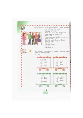 *c) Wir kennen auch grammatische Lieder. Welche?
» Ist das, ist das Uli?
Ist das ..., ... ?
Sind das, sind das Hugo und ... ?
Nein, das ist nicht ... .
Nein, das ... .
Nein, das sind nicht ... und ... .
• Wer ist das? ...?
Das ist Lene. Das ist Hans.
Wer ist das? ... ?
Das ist ...
• Das ist Heini.
Das ist ...
Das sind ...
2 . Wir spielen. Вспомните,
себя по-особенному.
а) Как?
какие глаголы ведут
e — le
ich lese
du liest
er ]
sie } liest
es J
wir lesen
ihr lest
sie
Sie lesen
e — i
ich gebe
du gibst
er |
sie 1 gibt
es )
MM
wir geben
ihr gebt
sie
Sie]} geben
10
 