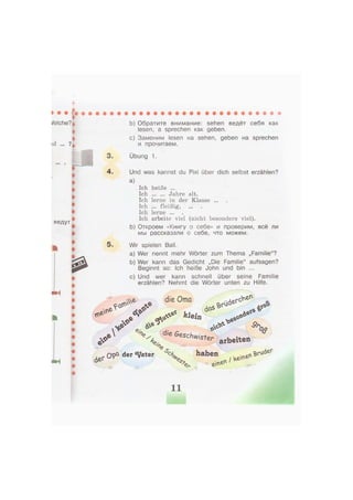 Welche?
i
i
3,
4.
b) Обратите внимание: sehen ведёт себя как
lesen, а sprechen как geben.
c) Заменим lesen на sehen, geben на sprechen
и прочитаем.
Übung 1.
Und was kannst du Pixi über dich selbst erzählen?
a)
Ich heiße ...
Ich Jahre alt.
Ich lerne in der Klasse ...
Ich ... fleißig,
Ich lerne ...
Ich arbeite viel (nicht besonders viel).
b) Откроем «Книгу о себе» и проверим, всё ли
мы рассказали о себе, что можем.
Wir spielen Ball.
a) Wer nennt mehr Wörter zum Thema „Familie"?
b) Wer kann das Gedicht „Die Familie" aufsagen?
Beginnt so: Ich heiße John und bin ...
c) Und wer kann schnell über seine Familie
erzählen? Nehmt die Wörter unten zu Hilfe.
tfo.^
die Oma
doS
e,;
//?e ' die Geschwister
ч
,0*'
>Рл
arbeiten
09°" der ^Jater 4 haben
li
 
