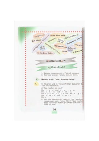 Apfе P
f üc<en ^ um die «Wette laufen
A *
bo^
ßaU spiele« * ^
оУ
Pony
(geete
gießen ч
r ,
in der gönne liegen
Rollschuh
laufen
malen
"/y. VC"v
П°ДВЕДЕМ ИТоГИ'-
H A u S A U F G A B E
1. Выбери упражнения в Рабочей тетради.
2. Научись хорошо читать письмо Свена.
3 Haben auch Tiere Sommerferien?
1. In Märchen und in Tiergeschichten besuchen di
Tiere die Waldschule.
a) Was machen sie dort?
Sie 1 - s - n und s - hr - - b - n.
Sie z - h - en und r - ch - en.
Sie t - r - en, la - f - n und sp - i - g - n
Sie s - ng - n und t - nz - n.
Sie ...
b) Wer die Waldschule besucht, hat bestimm
(наверняка) auch Ferien. Nicht? Was mache
diese Tiere hier? Nehmt die Wörter auf Seite 3
unten zu Hilfe.
30
 