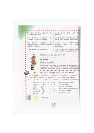 In den Ferien spielen die
Kinder gern Ball.
Im Sommer sammeln die
Kinder Pilze und Beeren.
Im Sommer pflücken die
Mädchen und Jungen Blumen
auf der Wiese.
Viele arbeiten im Garten.
Auch Sven hat viel В
gespielt.
Auch Sabine und Karin habe
Pilze und Beeren gesammelt,
Auch Lisa und Julia hab
Blumen auf der Wie
gepflückt.
Auch Sven und Sabine hab
viel im Garten gearbeitet.
b) Was bedeutet das Schema?
Ach tun$t
haben ... geAt
Когда мы говорим о действии в прошлом, м
используем слово haben, а слова, обозначают;!
действие (глагол), стоят в конце предложени
Wie ist es richtig? Sage nach dem Muster.
• M u s t e r : spielen — gespielt Ich habe viel gespielt.
arbeiten — ge -
pflücken — ge -
baden — ge - -
füttern — ge - •
sammeln — ge -
turnen — ge - -
tet
- t
- t
- - t
- - t
- - t
Du hast viel gear...
Er hat Äpfel ...
Sie hat im Fluss ...
Wir haben Eichhörnchen
Ihr habt Beeren ... 7
Sie haben viel ...
7. Übung 1.
38
 