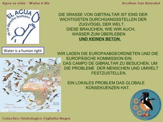.

Water is a human right

DIE SRASSE VON GIBTRALTAR IST EINS DER
WICHTIGSTEN DURCHGANGSSTELLEN DER
ZUGVÖGEL DER WELT.
DIESE BRAUCHEN, WIE WIR AUCH,
WASSER ZUM ÜBERLEBEN
UND KEINEN BETON.
WIR LADEN DIE EUROPAABGEORDNETEN UND DIE
EUROPÄISCHE KOMMISSION EIN,
DAS CAMPO DE GIBRALTAR ZU BESUCHEN, UM
DIE PROBLEME DER MENSCHEN UND UMWELT
FESTZUSTELLEN.
EIN LOKALES PROBLEM DAS GLOBALE
KONSEKUENZEN HAT.

 