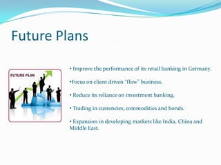 Future Plans
         • Improve the performance of its retail banking in Germany.

         •Focus on client driven “flow” business.

         • Reduce its reliance on investment banking.

         • Trading in currencies, commodities and bonds.

         • Expansion in developing markets like India, China and
         Middle East.
 