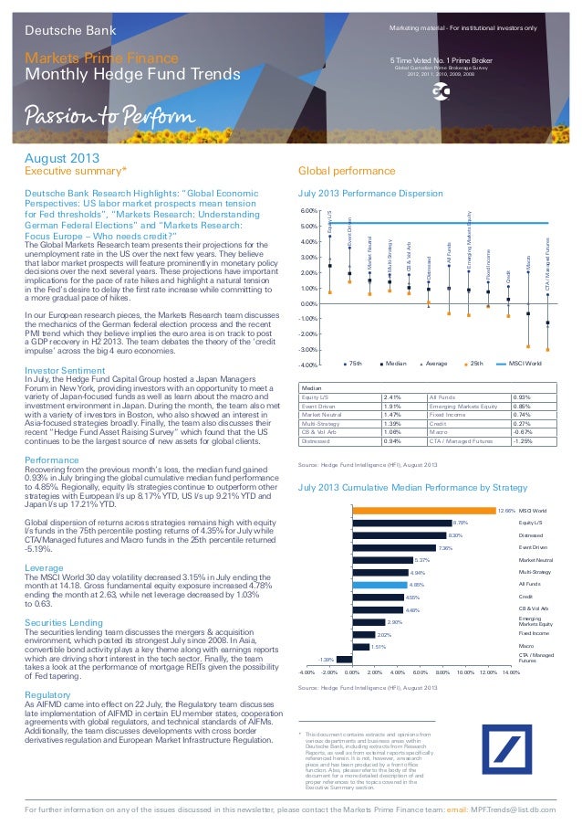 Deutsche Bank markets prime finance monthly hedge fund trends Augus…