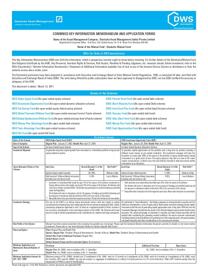 Deutsche Dws Mutual Fund Common Application Form With Kim