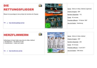 DIE
RETTUNGSFLIEGER                                                Genre : Série en milieu médical (urgences)

                                                               Chaîne d'origine : ZDF
Mission de sauvetage et vies privées de membres de l’équipe.   Nombre d'épisodes : 110

                                                               Durée : 45 minutes

                                                               Première diffusion : 15 février 1997
Site     http://dierettungsflieger.zdf.de/                     Lieu de l'action : Hambourg




HERZFLIMMERN                                                   Genre : Série en milieu médical

                                                               Chaîne d'origine : ZDF
Authentique et récent daily soap dans le milieu médical.
I. Herzflimmern – Die Klinik am See                            Nombre d'épisodes : 255
II. Herzflimmern – Liebe zum Leben
                                                               Durée : 45 minutes

                                                               Première diffusion : 4 avril 2011

Site     http://herzflimmern.zdf.de/                           Lieu de l'action : Ville fictive
 