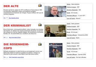 Genre : Série policière
DER ALTE                                                                     Chaîne d'origine : ZDF

Pendant de Derrick, datant de 1977 et diffusé en France depuis 1988.         Nombre d'épisodes : 369
Les épisodes rassemblent quatre commissaires travaillant
conjointement à la résolution de l’intrigue. Toujours diffusé, bien que de   Durée : 60 minutes
manière irrégulière.
                                                                             Première diffusion : 11 avril 1977
Site     http://deralte.zdf.de/                                              Lieu de l'action : Munich



                                                                             Genre : Série policière
DER KRIMINALIST                                                              Chaîne d'origine : ZDF

Bruno Schumann, commissaire de Berlin, mène l’enquête, à la manière          Nombre d'épisodes : 50
des Experts, en utilisant des moyens techniques de pointe. Le scénario
des intrigues sur fond de migration illégale, de proxénitisme, de fraudes    Durée : 60 minutes
fiscales, etc. est plutôt faible pour constituer une ressource.
                                                                             Première diffusion : 8 décembre 2006
Site      http://kriminalist.zdf.de/                                         Lieu de l'action : Berlin




DIE ROSENHEIM-
                                                                             Genre : Série policière

                                                                             Chaîne d'origine : ZDF

COPS                                                                         Nombre d'épisodes : 255

Diffusée actuellement, la série fonctionne principalement comme une          Durée : 45 minutes
télénovela mettant en scène le quotidien de policiers, l’intrigue se
résumant le plus souvent à des délits et des faits divers locaux.            Première diffusion : 9 janvier 2002

Site      http://rosenheim-cops.zdf.de/                                      Lieu de l'action : Sud de la Bavière
 