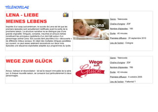 TÉLÉNOVELAS

LENA - LIEBE
                                                                              Genre : Telenovela
MEINES LEBENS                                                                 Chaîne d'origine : ZDF
Inspirée d’un soap sud-américain, le succès de Lena est tel que les
premiers épisodes sont actuellement rediffusés avant la sortie de la          Nombre d'épisodes : 180
prochaine saison. La structure narrative ne se distingue pas d'une
grande originalité. Intrigues, complots, meurtres et amours trahies           Durée : 45 minutes
constituent les principaux ingrédients d’un récit bâti autour d’un
personnage central Lena. Son succès tient peut-être à la « découverte »       Première diffusion : 20 septembre 2010
de différents milieux sociaux. En dépit des multiples intrigues parallèles
qui courent, on peut assez aisément reconstruire sur deux/ trois              Lieu de l'action : Cologne
épisodes une séquence exploitable adaptée aux programmes du lycée.




                                                                              Genre : Telenovela
WEGE ZUM GLÜCK                                                                Chaîne d'origine : ZDF

                                                                              Nombre d'épisodes : 789
Amour, trahison et réconciliation : tel est le ressort immuable de la série
                                                                              Durée : 42 minutes
qui, à chaque nouvelle saison, se consacre tout particulièrement à deux
personnages.
                                                                              Première diffusion : 6 octobre 2005

                                                                              Lieu de l'action : Falkental ?
 