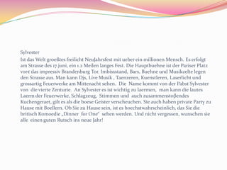 Oktoberfest in DeutschlandDas erste Oktoberfest war am 17ten Oktober 1810Weil es oft kühler im Oktober ist, beginnt das Oktoberfest seit 1872 schon im September.Durch des Ersten und Zweiten Weltkriegs gab es kein Oktoberfest, sondern „Herbstfest“.Im 1980 ist ein Bombe beim Haupteingung des Festländes explodiert.Nächtest Jahr ist das Oktoberfest 200 Jahr alt.