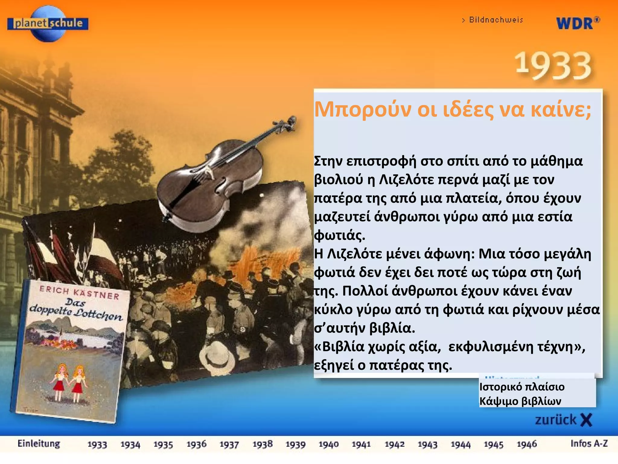 Ισ
Ιστορικό πλαίσιο
Κάψιμο βιβλίων
Μπορούν οι ιδέες να καίνε;
Στην επιστροφή στο σπίτι από το μάθημα
βιολιού η Λιζελότε περνά μαζί με τον
πατέρα της από μια πλατεία, όπου έχουν
μαζευτεί άνθρωποι γύρω από μια εστία
φωτιάς.
Η Λιζελότε μένει άφωνη: Μια τόσο μεγάλη
φωτιά δεν έχει δει ποτέ ως τώρα στη ζωή
της. Πολλοί άνθρωποι έχουν κάνει έναν
κύκλο γύρω από τη φωτιά και ρίχνουν μέσα
σ’αυτήν βιβλία.
«Βιβλία χωρίς αξία, εκφυλισμένη τέχνη»,
εξηγεί ο πατέρας της.
 