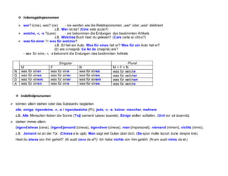  Interrogativpronomen
 wer? (cine), was? (ce) - sie werden wie die Relativpronomen „wer“ oder „was“ dekliniert
z.B. Wer ist da? (Cine este acolo?)
 welche, -r, -s ?(care) - sie bekommen die Endungen des bestimmten Artikels
z.B. Welches Buch hast du gelesen? (Care carte ai citit-o?)
 was für einer ?/ was für welcher?
z.B. Er hat ein Auto. Was für eines hat er? Was für ein Auto hat er?
(El are o maşină. Ce fel de (maşină) are?
- was für eine,- r, -s bekommt die Endungen des bestimmten Artikels
Singular Plural
M F N M + F + N
N was für einer was für eine was für eines was für welche
G was für eines was für einer was für eines was für welcher
D was für einem was für einer was für einem was für welchen
A was für einen was für eine was für eines was für welche
 Indefinitpronomen
 können allein stehen oder das Substantiv begleiten:
alle, einige, irgendeine, -r, -s / irgendwelche (Pl.), jede, -r, -s, keiner, mancher, mehrere
z.B. Alle Menschen lieben die Sonne (Toţi oamenii iubesc soarele). Einige wollen schlafen. (Unii vor să doarmă).
 stehen immer allein:
(irgend)etwas (ceva), (irgend)jemand (cineva), irgendwer (cineva), man (impersonal), niemand (nimeni), nichts (nimic).
z.B. Jemand ist an der Tür. (Cineva e la uşă). Man sagt viel Gutes über dich. (Se spun multe lucruri bune despre tine).
Hast du etwas von ihm gehört? (Ai auzit ceva de el?). Ich habe nichts von ihm gehört. (N-am auzit nimic de el.)
 