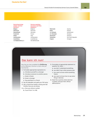 Deutschsprachige
Länder und ihre
Nachbarn
German-speaking
Countries and Their
Neighbors
Belgien Belgium
Dänemark Denmark
Deutschland Germany
Frankreich France
Italien Italy
Liechtenstein Liechtenstein
Luxemburg Luxembourg
die Niederlande (pl.) the Netherlands
Österreich Austria
Polen Poland
die Schweiz Switzerland
die Slowakei Slovakia
Slowenien Slovenia
Tschechien the Czech Republic
Ungarn Hungary
Das kann ich nun!
Now that you have completed the Einführung,
do the following in German to check what you
have learned.
1. Formulate appropriate expressions to:
a. Introduce yourself to a stranger.
b. Introduce someone to another person.
c. Greet a friend.
d. Greet a stranger.
e. Say good-bye to a friend.
2. Say the alphabet and spell your full name.
3. Ask a friend how he/she is doing and tell
him/her how you are doing.
4. a. Give your phone number.
b. Count from 1 to 100.
5. Formulate an appropriate statement or
question for when . . .
a. you don’t understand something.
b. you didn’t hear what someone said.
c. you want to know what something
means.
d. you want to know how to say some-
thing in German.
6. State five countries where German
is spoken and give their official
abbreviations.
Wortschatz 19
Deutsch: Na klar! An Introductory German Course, Seventh Edition 19
Deutsche Na Klar!
 