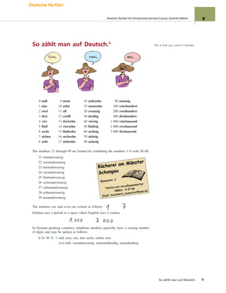 So zählt man auf Deutsch.°
0 null 9 neun 18 achtzehn 90 neunzig
1 eins 10 zehn 19 neunzehn 100 (ein)hundert
2 zwei 11 elf 20 zwanzig 200 zweihundert
3 drei 12 zwölf 30 dreißig 300 dreihundert
4 vier 13 dreizehn 40 vierzig 1 000 (ein)tausend
5 fünf 14 vierzehn 50 fünfzig 2 000 zweitausend
6 sechs 15 fünfzehn 60 sechzig 3 000 dreitausend
7 sieben 16 sechzehn 70 siebzig
8 acht 17 siebzehn 80 achtzig
The numbers 21 through 99 are formed by combining the numbers 1–9 with 20–90.
21 einundzwanzig
22 zweiundzwanzig
23 dreiundzwanzig
24 vierundzwanzig
25 fünfundzwanzig
26 sechsundzwanzig
27 siebenundzwanzig
28 achtundzwanzig
29 neunundzwanzig
The numbers one and seven are written as follows:
German uses a period or a space where English uses a comma.
In German-speaking countries, telephone numbers generally have a varying number
of digits and may be spoken as follows:
0 24 36 71 null zwei vier, drei sechs, sieben eins
[or] null, vierundzwanzig, sechsunddreißig, einundsiebzig
This is how you count in German.
So zählt man auf Deutsch. 9
Deutsch: Na klar! An Introductory German Course, Seventh Edition 9
Deutsche Na Klar!
 