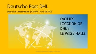 Operation's Presentation | CMBA7 | June 02 2016
Deutsche Post DHL
1Operation's Presentation | CMBA7 | June 02 2016
FACILITY
LOCATION OF
DHL :-
LEIPZIG / HALLE
 