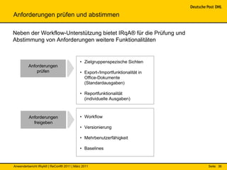 Anforderungen prüfen und abstimmen

Neben der Workflow-Unterstützung bietet IRqA® für die Prüfung und
Abstimmung von Anforderungen weitere Funktionalitäten


                                          • Zielgruppenspezische Sichten
         Anforderungen
             prüfen                       • Export-/Importfunktionalität in
                                            Office-Dokumente
                                            (Standardausgaben)

                                          • Reportfunktionalität
                                            (individuelle Ausgaben)



         Anforderungen                    • Workflow
           freigeben
                                          • Versionierung

                                          • Mehrbenutzerfähigkeit

                                          • Baselines


Anwenderbericht IRqA® | ReConf® 2011 | März 2011                              Seite 36
 