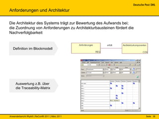 Anforderungen und Architektur

Die Architektur des Systems trägt zur Bewertung des Aufwands bei;
die Zuordnung von Anforderungen zu Architekturbausteinen fördert die
Nachverfolgbarkeit


   Definition im Blockmodell




     Auswertung z.B. über
     die Traceability-Matrix




Anwenderbericht IRqA® | ReConf® 2011 | März 2011                       Seite 38
 