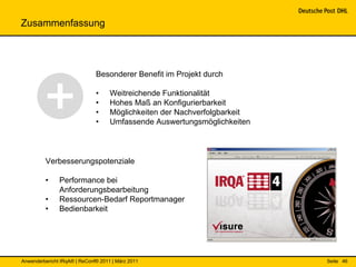 Zusammenfassung




                              Besonderer Benefit im Projekt durch

                              •     Weitreichende Funktionalität
                              •     Hohes Maß an Konfigurierbarkeit
                              •     Möglichkeiten der Nachverfolgbarkeit
                              •     Umfassende Auswertungsmöglichkeiten



         Verbesserungspotenziale

         •     Performance bei
               Anforderungsbearbeitung
         •     Ressourcen-Bedarf Reportmanager
         •     Bedienbarkeit




Anwenderbericht IRqA® | ReConf® 2011 | März 2011                           Seite 46
 